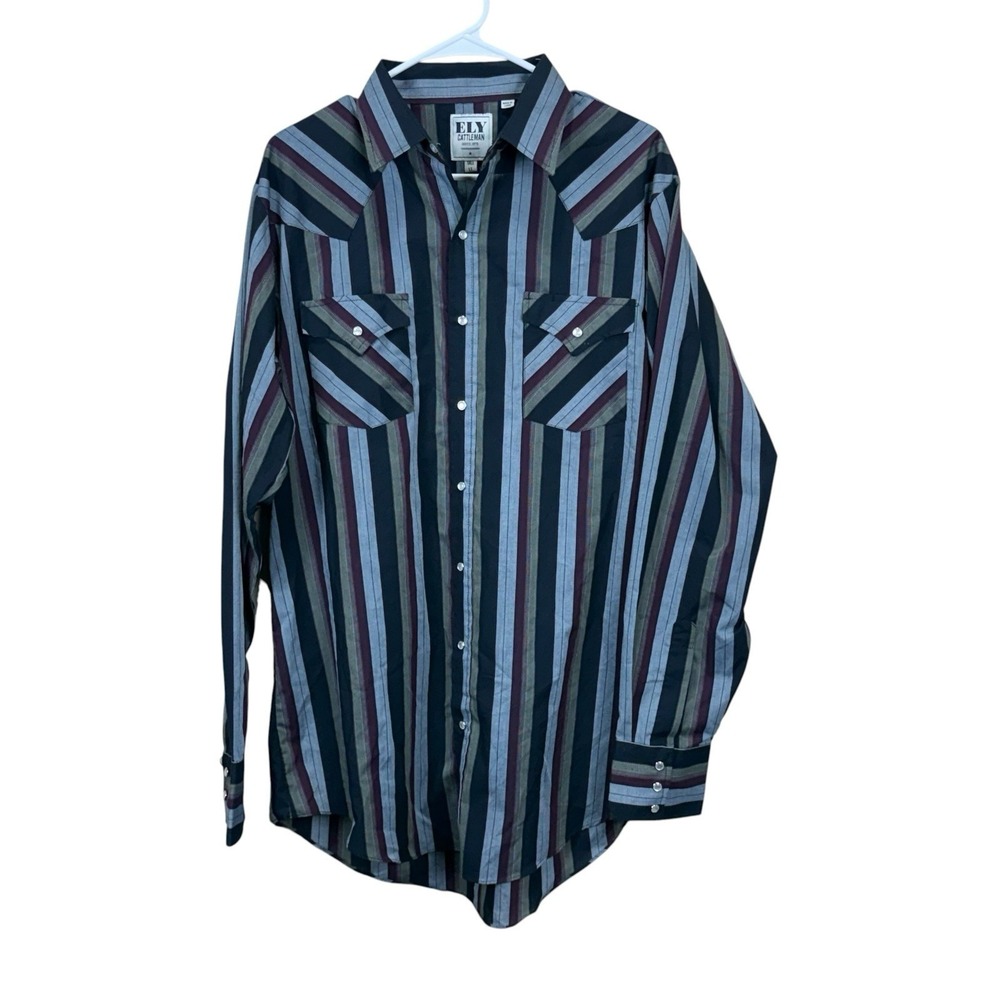 Ely Cattleman Shirt Mens Large Tall Black Gray Stripe Western Cowboy Pearl Snap